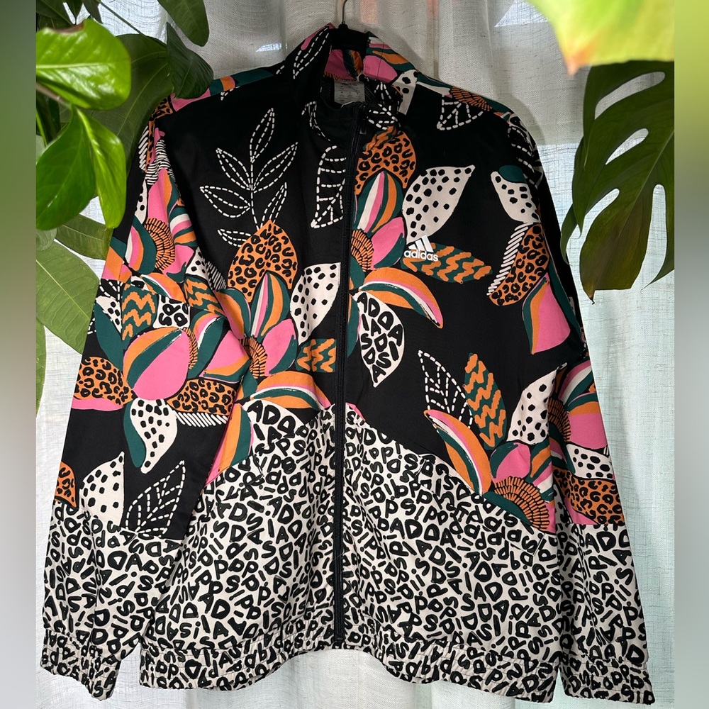 adidas Black Bomber Jacket with Pink, Orange & Teal Floral Print